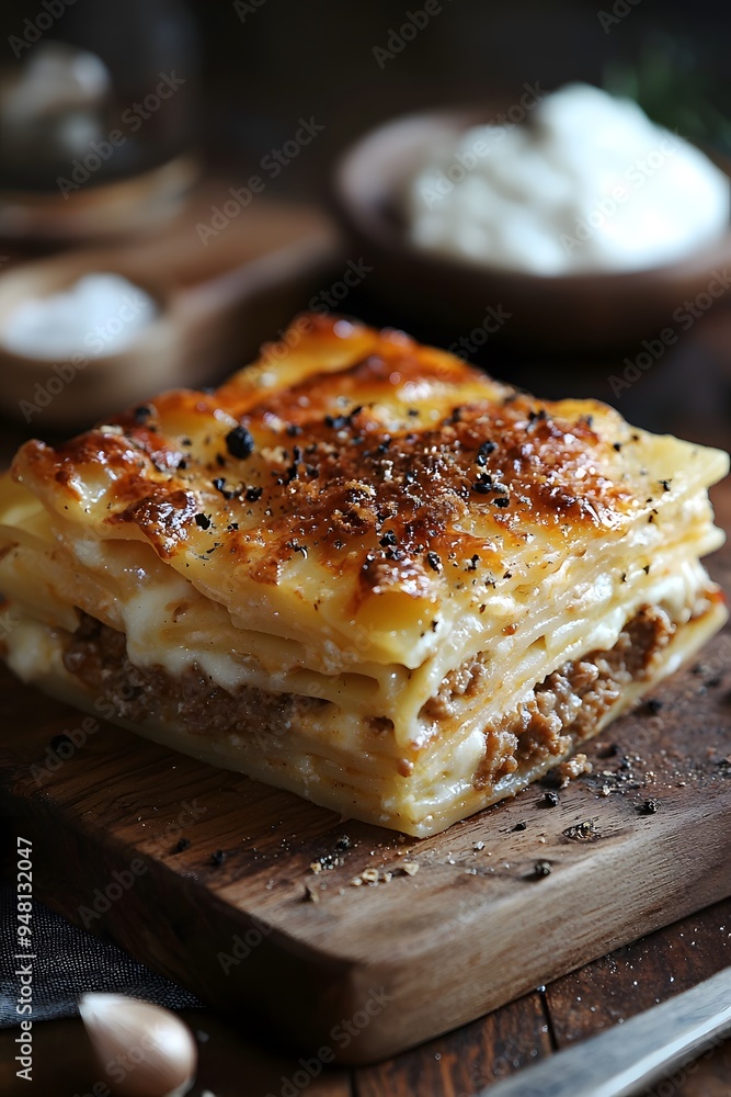 Pastitsio - A baked pasta dish with layers of pasta, ground meat, and béchamel sauce, similar to lasagna. Pastitsio - A baked pasta dish with layers of pasta, ground meat, and béchamel sauce, similar to lasagna.