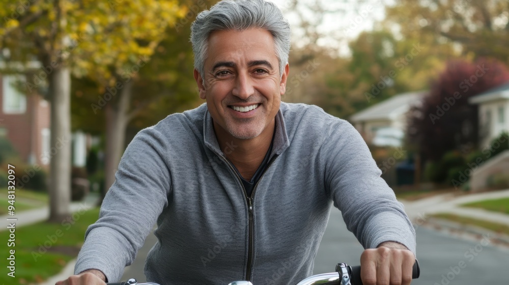 Active Senior Man Enjoying Bike Ride in Suburban Neighborhood Active Senior Man Enjoying Bike Ride in Suburban Neighborhood