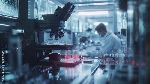 A detailed scene of scientists conducting stem cell research in a high-tech laboratory, exploring new medical possibilities. photo