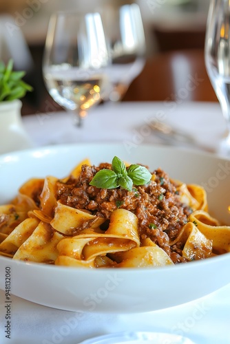 Pappardelle al Cinghiale - Wide ribbon pasta served with a rich wild boar ragu, a traditional Tuscan dish.
