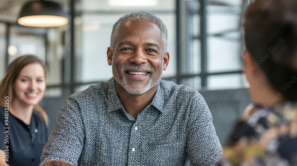 Smiling Senior African American Man in Business Meeting with Colleagues Smiling Senior African American Man in Business Meeting with Colleagues