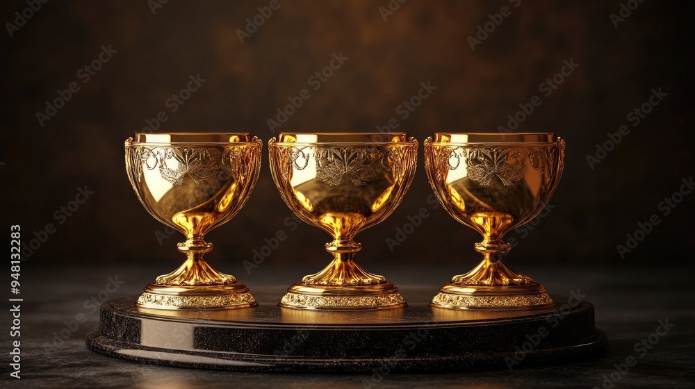 Three golden trophy cups standing on a round black marble podium Three golden trophy cups standing on a round black marble podium