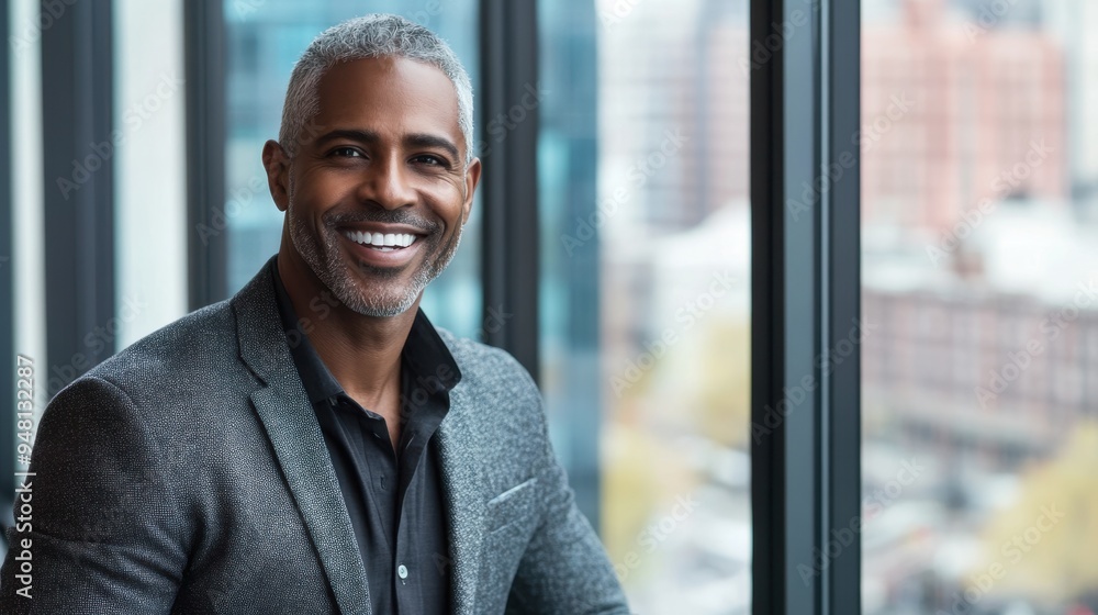 Fototapeta premium Smiling Mature Businessman by Window in Modern Office