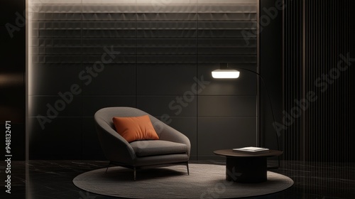 Stock photo of modern living room interior featuring gray armchair and illuminated floor lamp near gray wall. Minimal design furniture with orange accents.