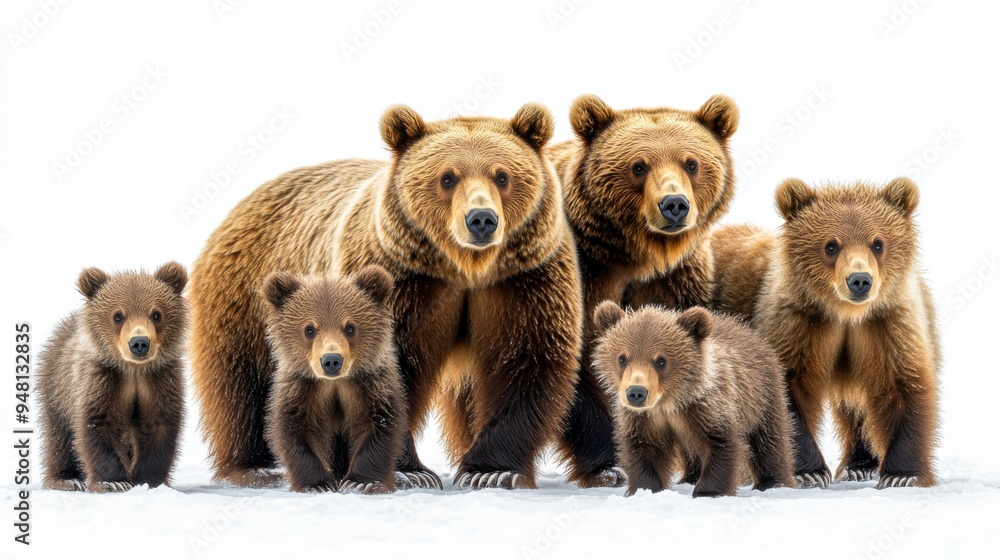 Clipart of a family of bears, including a mother and cubs, interacting in a natural setting, with each bear depicted against a clean white background.