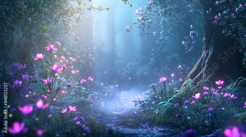 Discover a mystical enchanted forest filled with glowing flowers and magical fog