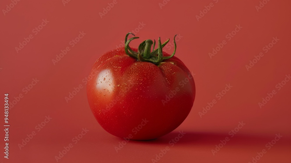 A single tomato with a glossy finish, positioned centrally against a simple, clean background to highlight its natural beauty. A single tomato with a glossy finish, positioned centrally against a simple, clean background to highlight its natural beauty.