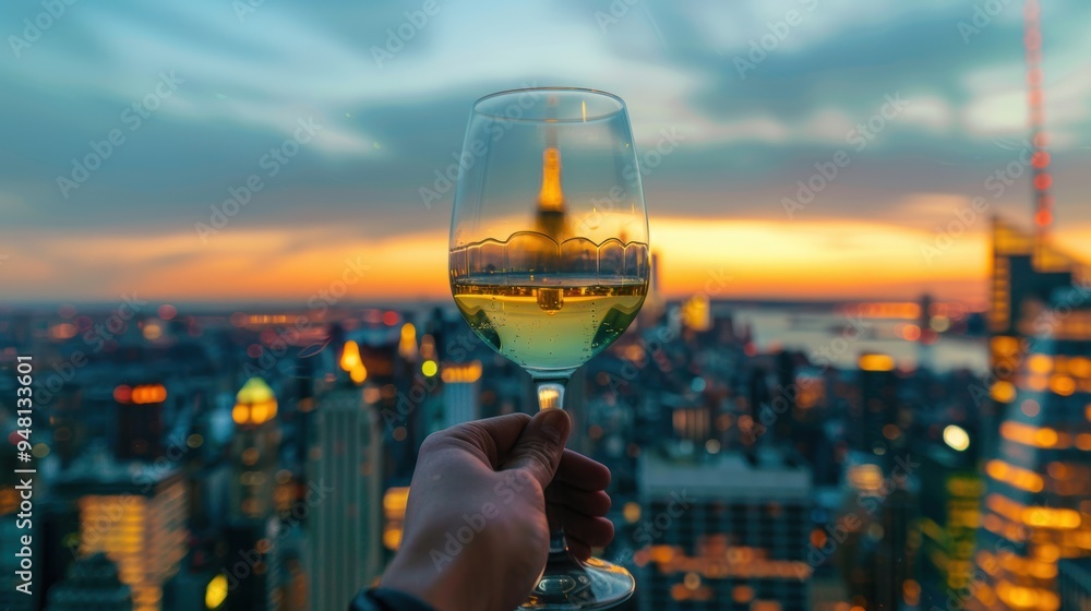 Obraz premium Hand holding wine glass with city skyscrapers rooftop view