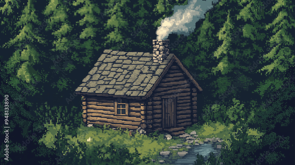 lonely cabin in the woods in pixel style lonely cabin in the woods in pixel style