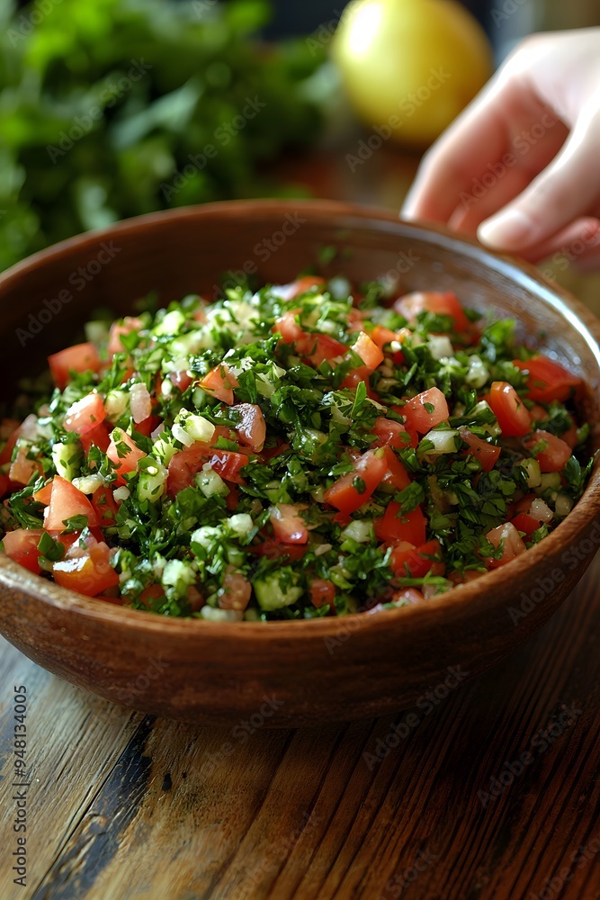 Tabbouleh - A fresh salad made from finely chopped parsley, tomatoes, mint, bulgur, and lemon juice. Tabbouleh - A fresh salad made from finely chopped parsley, tomatoes, mint, bulgur, and lemon juice.