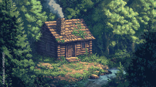 lonely cabin in the woods in pixel style