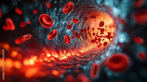 A 3D illustration of a blood vessel with red blood cells flowing smoothly through, highlighting the dynamic movement of cells in a detailed, realistic manner. photo