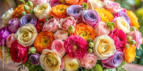 A stunning bouquet featuring roses, ranunculuses, eustomas, and carnations in various shades and colors photo