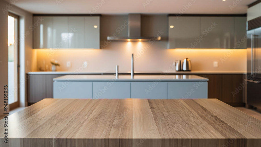 Empty tabletop over defocused kitchen with copy space Empty tabletop over defocused kitchen with copy space