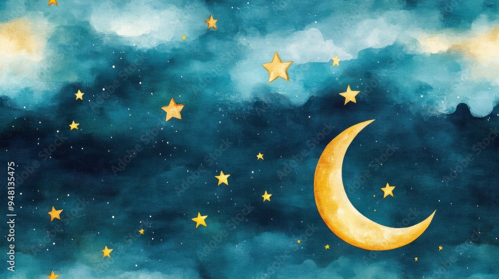 Naklejka premium Seamless bright watercolor of moon and stars in light blue sky, lovely cartoon style