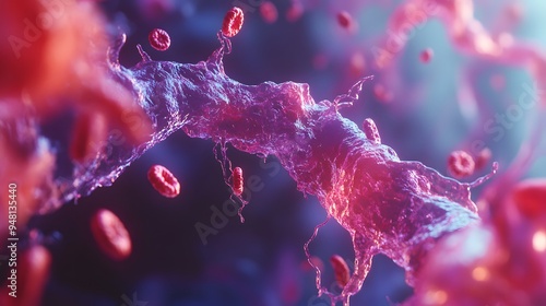 An animated 3D view of a human blood vessel with red blood cells circulating, showcasing the intricate structure of the vessel and the movement of cells. photo