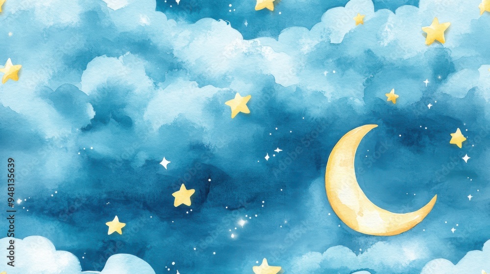 Seamless bright watercolor of the moon and stars in a light blue sky, cute cartoon design Seamless bright watercolor of the moon and stars in a light blue sky, cute cartoon design