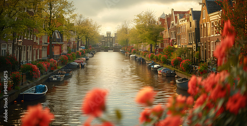 canal with colourfull floewers ,water,and boats photo