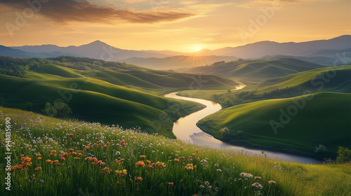 A beautiful landscape with a river running through it. The sun is setting, casting a warm glow over the scene. The mountains in the background add to the sense of tranquility and serenity