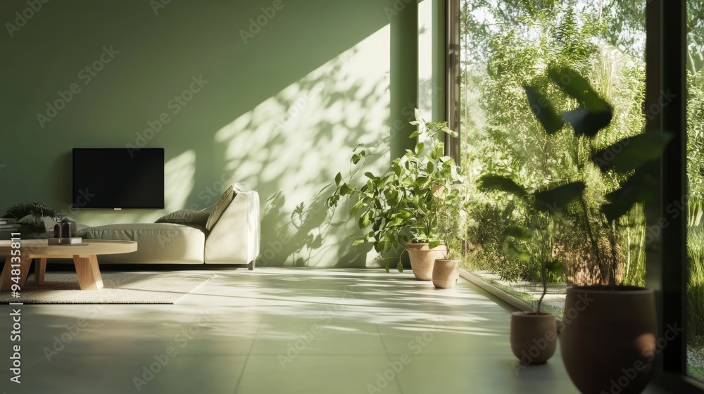Fototapeta premium Living room with plants and a green sofa for home staging and real estate photography, with copy space text, featuring green plants and a green sofa.