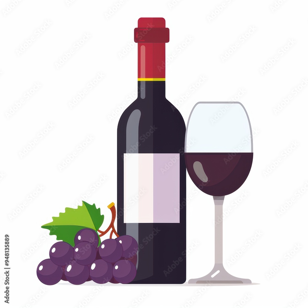 Obraz premium Vector illustration of grape, grape, wine bottle and glass