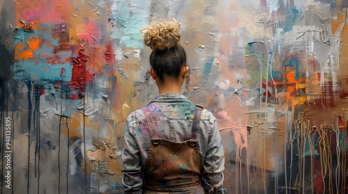 A woman stands in front of a painting with a messy background