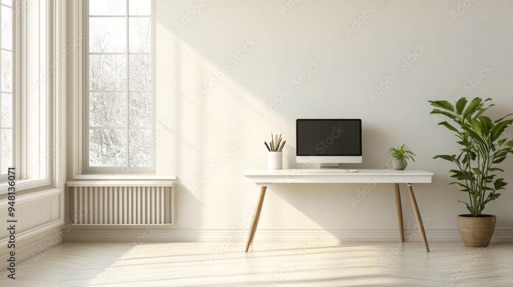 Fototapeta premium Classic minimalist interior design, Scandinavian white room, corner office