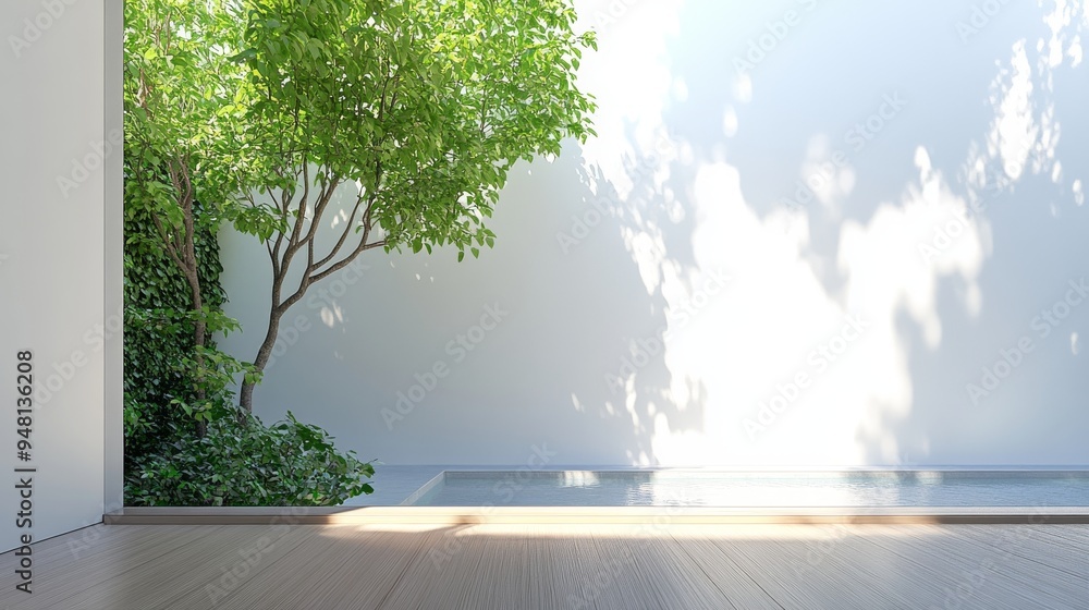 With big panoramic windows overlooking the garden and swimming pool, this room is empty and minimalist in design. With big panoramic windows overlooking the garden and swimming pool, this room is empty and minimalist in design.