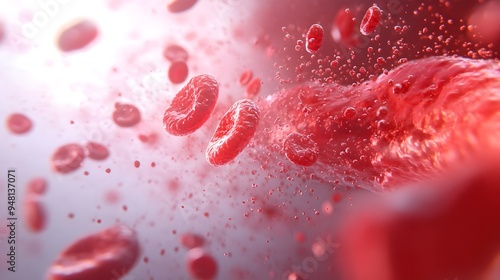 A detailed 3D render of a blood vessel with numerous red blood cells in motion, demonstrating the flow within the vessel against a neutral background.  photo