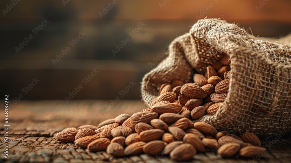 Almonds spilling out of a burlap sack onto a rustic surface Almonds spilling out of a burlap sack onto a rustic surface