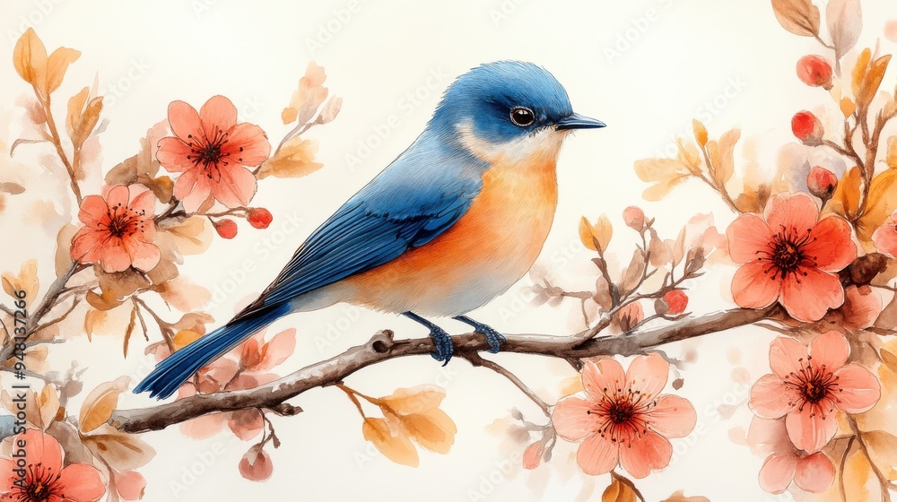 Seamless illustration of a blue bird perched on a branch with blooming flowers, set against a clean white background to highlight the bird's vivid colors. Seamless illustration of a blue bird perched on a branch with blooming flowers, set against a clean white background to highlight the bird's vivid colors.