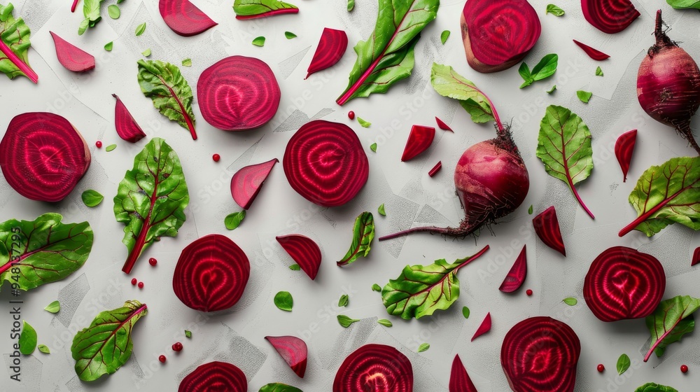 Presentation of sliced beetroot and beetroot leaves on a solid color background. Presentation of sliced beetroot and beetroot leaves on a solid color background.