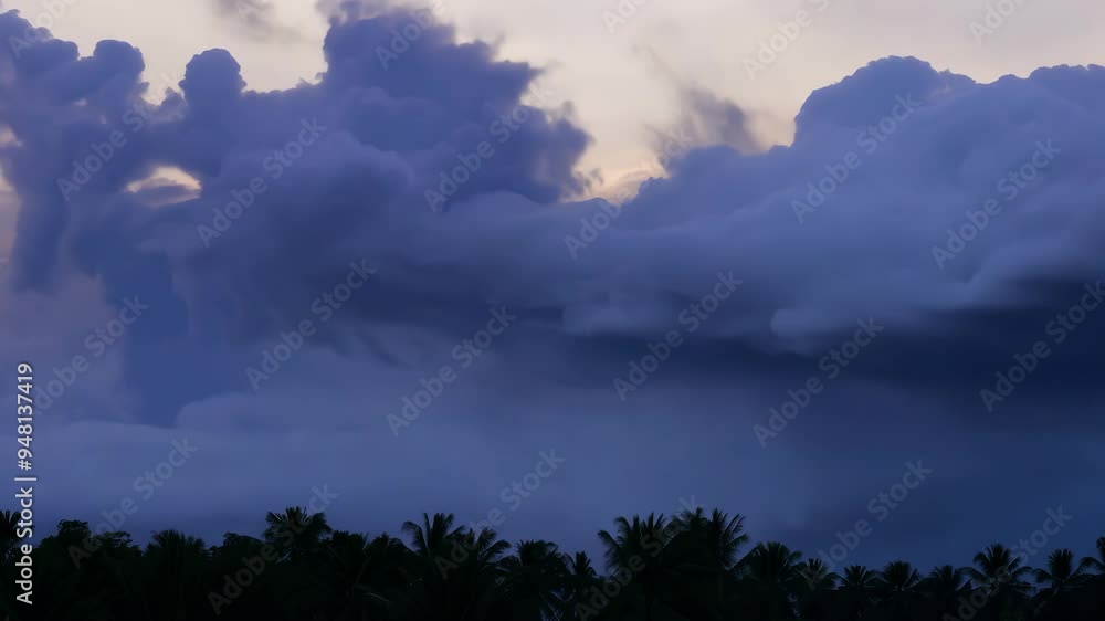 Dark clouds gather at twilight over a serene landscape with silhouettes of trees Dark clouds gather at twilight over a serene landscape with silhouettes of trees