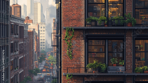 A brick building with a balcony and a green plant growing on it. The building is surrounded by other buildings and a city skyline in the background