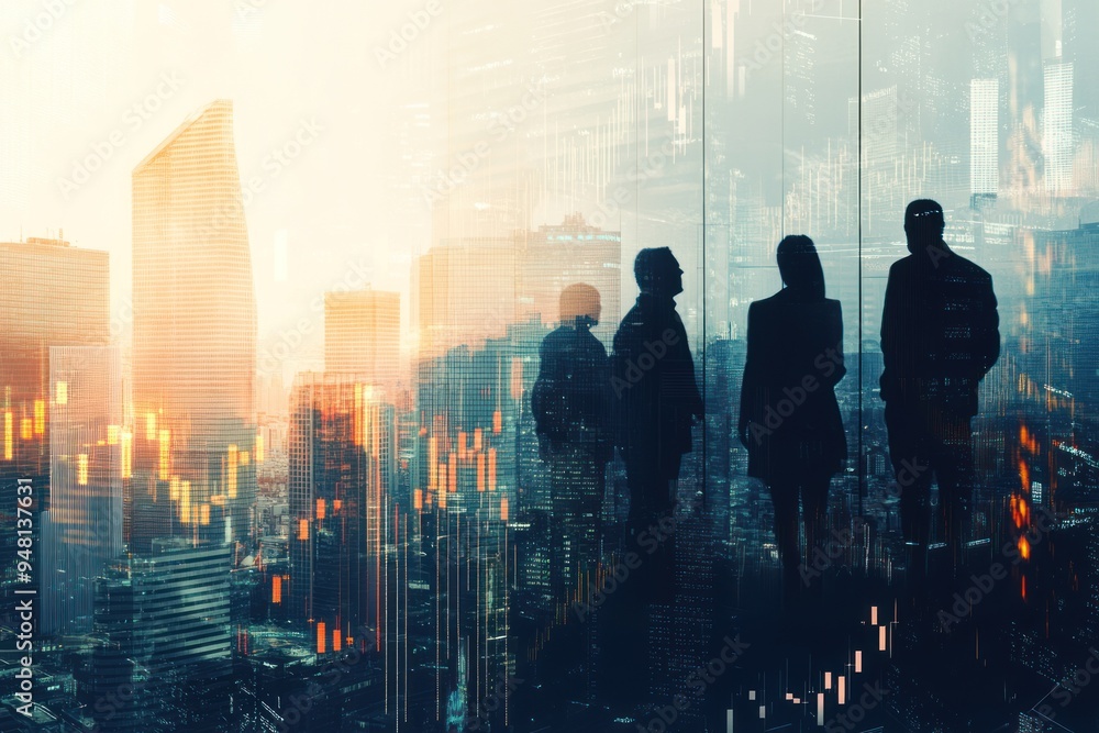 Silhouettes of Business Professionals Against a Cityscape with Stock Market Data Silhouettes of Business Professionals Against a Cityscape with Stock Market Data