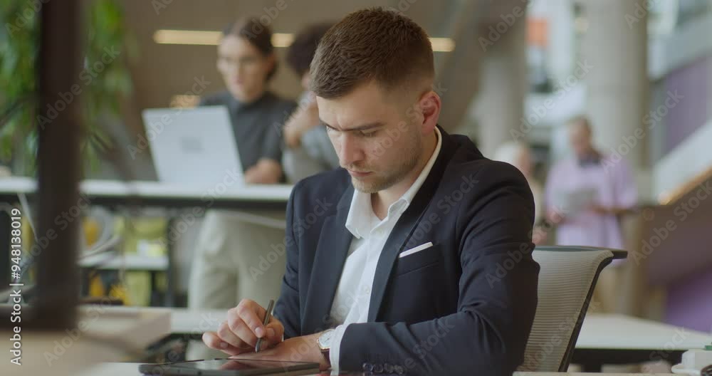 A suited director in a business office employs a pen to contemplate new business ventures, exemplifying strategic thinking and decision-making in the corporate world A suited director in a business office employs a pen to contemplate new business ventures, exemplifying strategic thinking and decision-making in the corporate world