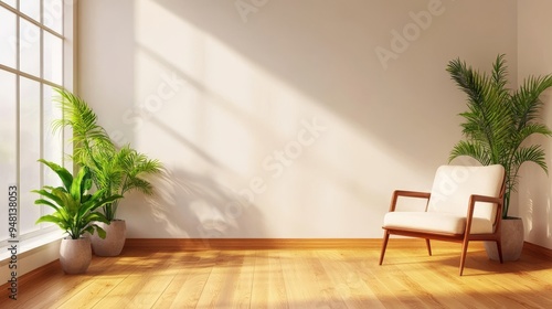 An armchair is positioned on an empty white wall in the interior of a bright living room.