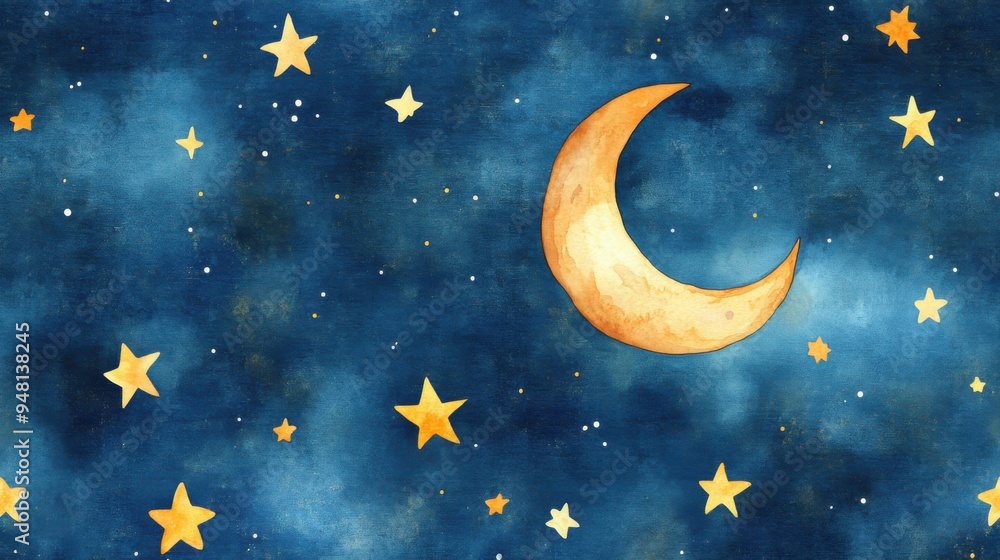 Seamless watercolor moon and stars in a bright sky, lovely and inviting design Seamless watercolor moon and stars in a bright sky, lovely and inviting design