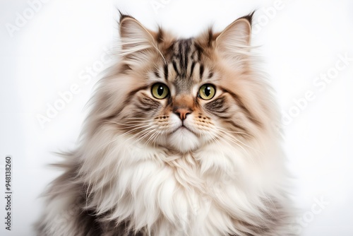 A beautiful ragamuffin cat with a fluffy coat and sweet expression sitting on a white background, AI Generated photo