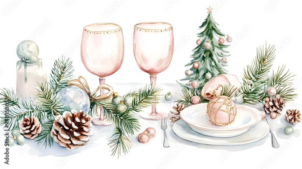 Boho-Chic Christmas Table Setting with Natural Elements in Soft Pastel Watercolor Boho-Chic Christmas Table Setting with Natural Elements in Soft Pastel Watercolor