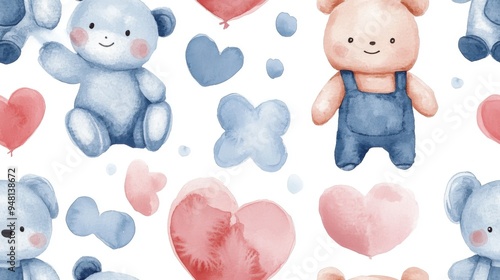 Watercolor cartoon baby toys, headbands, dolls, aprons, seamless and sweet