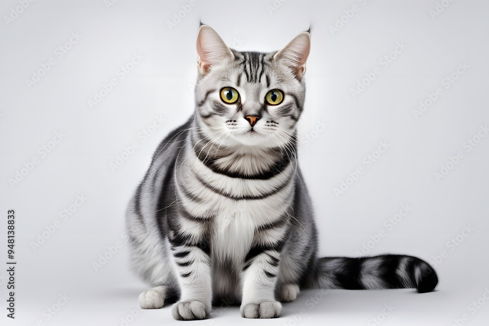 Fototapeta premium A charming american shorthair cat with a silver tabby coat and bright eyes sitting on a white background, AI Generated