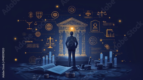 A person stands before a glowing temple surrounded by symbols of law and finance, representing knowledge and justice in a digital era