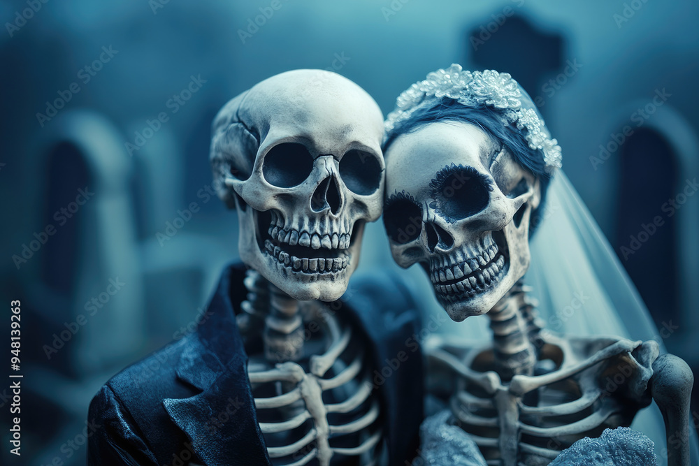 Eternal Love in a Graveyard, a charming skeleton couple embraces in a spooky setting, adorned in wedding attire with a backdrop of tombstones and mist. Eternal Love in a Graveyard, a charming skeleton couple embraces in a spooky setting, adorned in wedding attire with a backdrop of tombstones and mist.
