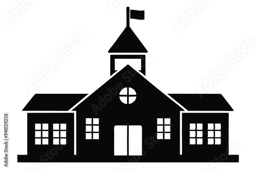 A simple black and white silhouette of a school building with a clock tower and a flag on top