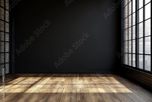 Empty Room with Large Window and Wooden Floor