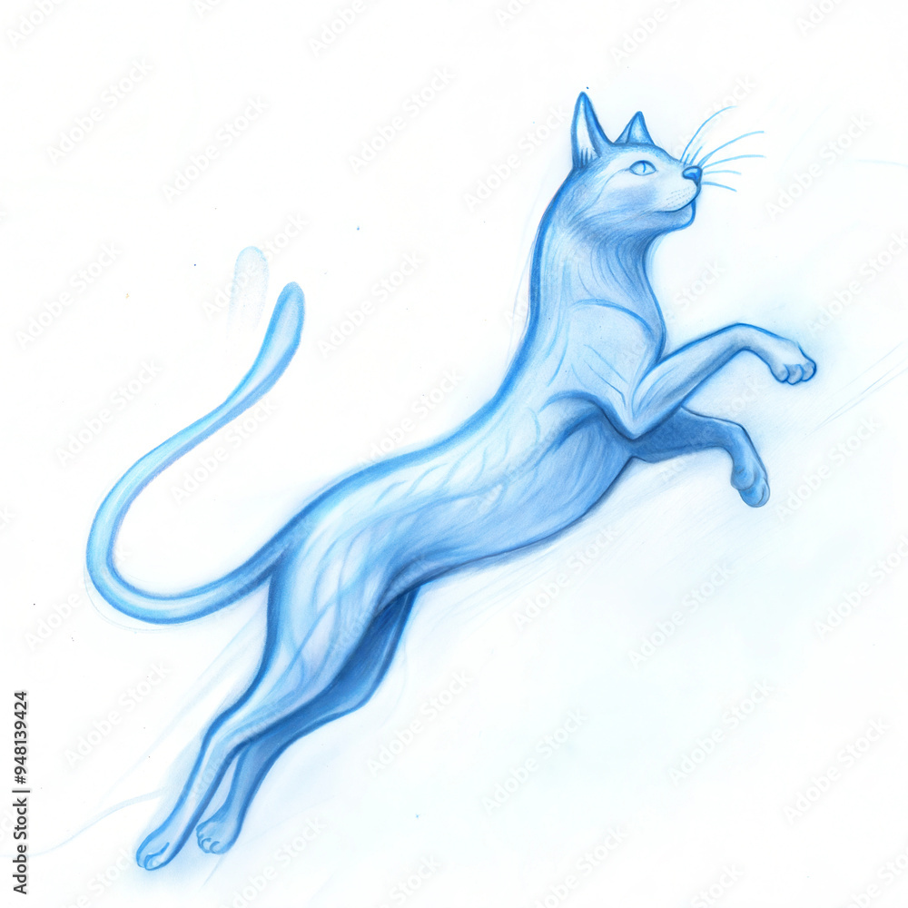 Naklejka premium Sleek blue cat leaping gracefully in a minimalist style against a white background