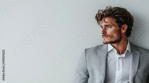 A pensive man with tousled hair in a gray blazer and white shirt, looking away from the camera with a contemplative expression. He leans against a light-colored wall. photo