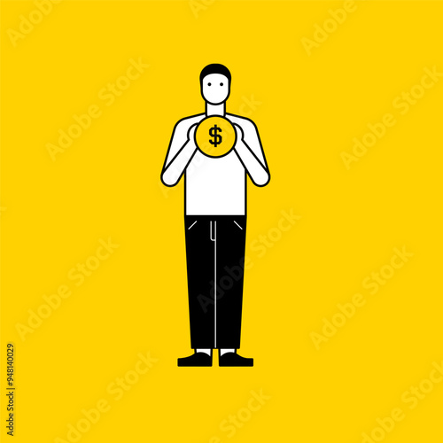 Finance and people, accounts for household economic growth, investment plan management. A man is holding a money icon. A woman put a money icon on her farm. flat design style minimal illustration.