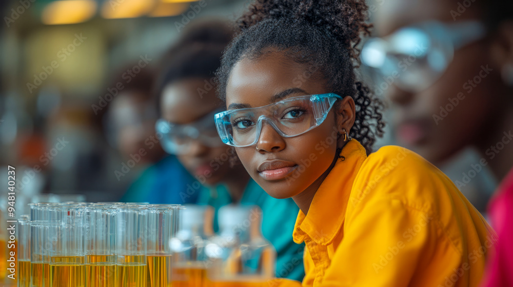 A young student wearing safety goggles focuses on an experiment in a science lab, surrounded by beakers filled with glowing liquids.. A young student wearing safety goggles focuses on an experiment in a science lab, surrounded by beakers filled with glowing liquids..